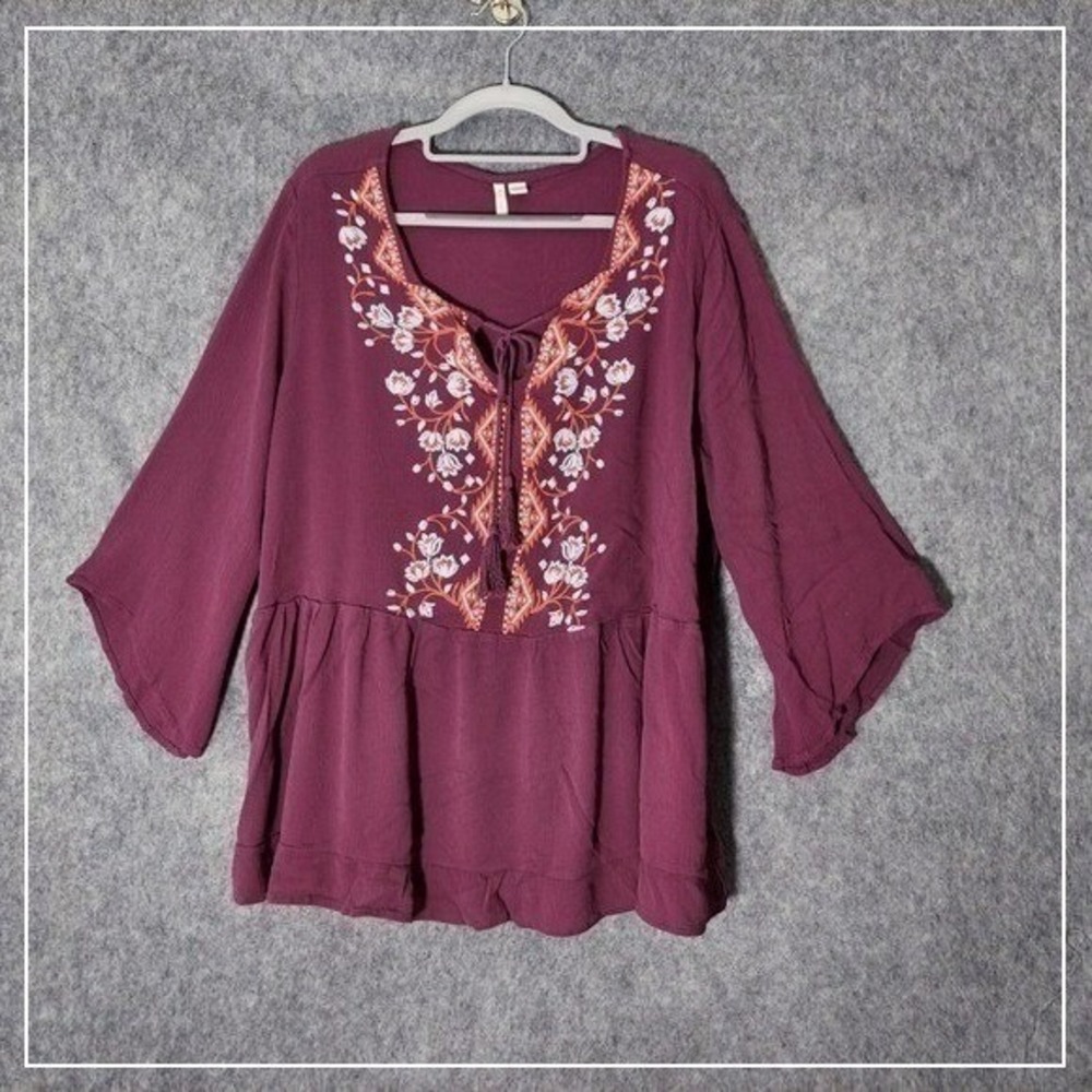 Cato Tunic Plus 22 24 Burgundy Embroidered Bell Sleeve Boho Festival Western